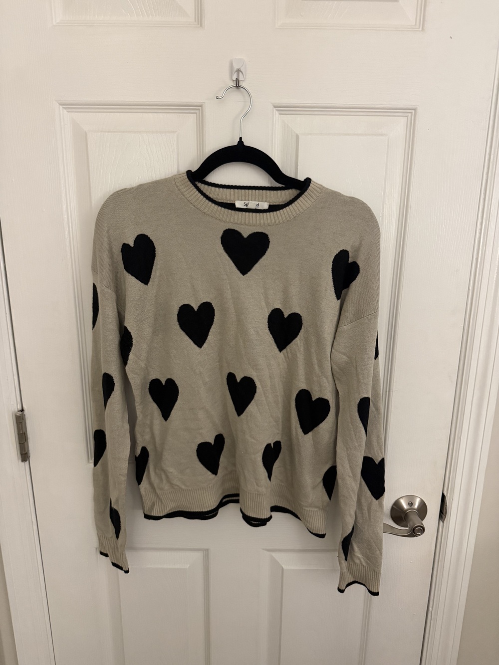 Splendid Beige Black Heart Print Crewneck Sweater Size S